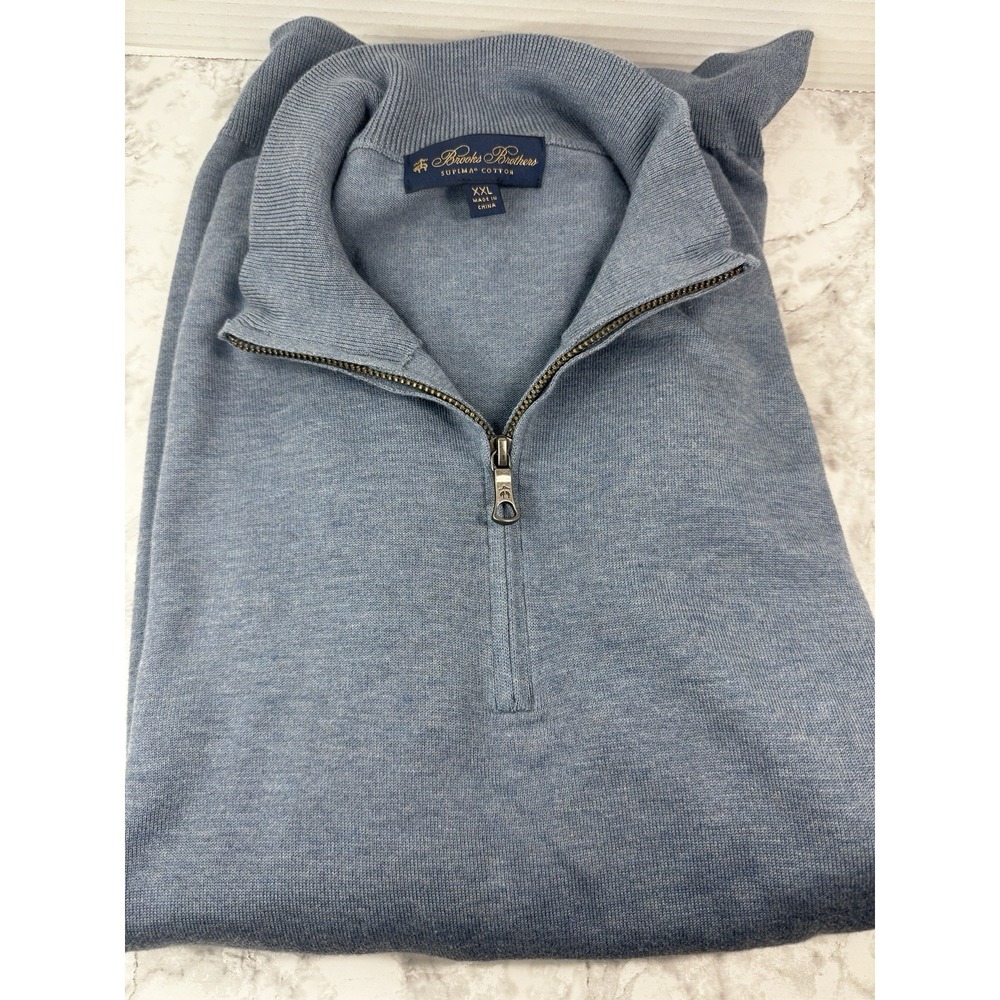 Brooks Brothers Mens XXL Supima Cotton Quarter Zip Sweater Light Blue Heather